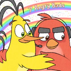  1:1 angry_birds anthro beak chuck_(angry_birds) detailed_background duo embrace english_text eyebrows feathers green_eyes headphones hug male nishi_oxnard orange_beak rainbow red_(angry_birds) red_body red_eyes red_feathers text thick_eyebrows yellow_body yellow_feathers 