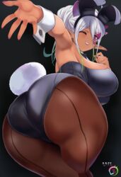  ;) absurdres animal_ears artist_name ass black_hairband black_leotard breasts brown_pantyhose dark-skinned_female dark_elf dark_skin elf facial_mark fake_animal_ears fake_tail female fingernails from_behind gradient_hair green_hair grin hair_between_eyes hairband highres large_breasts leotard long_hair looking_at_viewer mi_mi_ham multicolored_hair nail_polish one_eye_closed original outstretched_arm pantyhose pink_eyes pink_nails playboy_bunny pointy_ears ponytail rabbit_ears rabbit_tail rikka_(mi_mi_ham) smile solo strapless strapless_leotard tail white_hair wrist_cuffs 