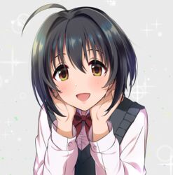  ahoge black_hair blush brown_eyes commentary female head_rest highres idolmaster idolmaster_cinderella_girls idolmaster_cinderella_girls_starlight_stage kohinata_miho looking_at_viewer natsuya_(natuya777) open_mouth school_uniform shirt short_hair smile solo sweater_vest white_shirt 