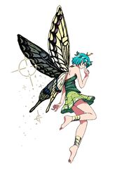  antennae aqua_hair barefoot butterfly_wings dress eternity_larva fairy female full_body green_dress insect_wings leaf leaf_on_head profile shishi_osamu short_hair simple_background solo touhou white_background wings 