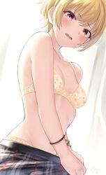  bare_arms blonde_hair blush bra breasts collarbone embarrassed female groin highres idolmaster idolmaster_shiny_colors kijibato_123-gou looking_at_viewer open_mouth panties plaid plaid_skirt purple_eyes saijo_juri short_hair sidelocks skirt small_breasts solo starfish_print sweat underwear undressing yellow_bra yellow_panties 