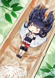  bamboo bare_shoulders black_hair blush_stickers chibi commentary_request detached_sleeves female food full_body fusou_(kancolle) geta hair_ornament hinata_yuu japanese_clothes kantai_collection kimono leaf leaf_background long_hair looking_up lying nagashi_soumen nontraditional_miko noodles on_back parted_lips partial_commentary photoshop_(medium) pleated_skirt pun red_eyes red_skirt sidelocks skirt sleeveless sleeveless_kimono sliding solo soumen tabi water water_slide white_kimono white_legwear white_sleeves 