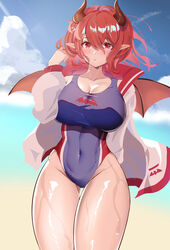  absurdres ankh_man beach breasts cleavage competition_swimsuit covered_navel cowboy_shot demon_girl female guardian_tales hand_in_own_hair highres horns large_breasts lifeguard_yuze looking_at_viewer one-piece_swimsuit open_clothes pointy_ears red_eyes red_hair red_wings short_hair solo swimsuit thighs water wet wings 