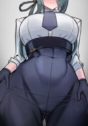  absurdres ass_visible_through_thighs black_gloves black_necktie black_pants blue_archive blush breasts close-up female ghgnvm gloves green_hair groin hair_rings head_out_of_frame high-waist_pants highres large_breasts mina_(blue_archive) necktie pants shirt simple_background solo thigh_gap white_shirt 