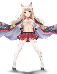  :3 absurdres animal_ear_fluff animal_ears azur_lane bandaged_arm bandages black_coat black_gloves breasts brown_hair budget_sarashi coat coat_on_shoulders collar dog_ears female full_body gloves hair_ornament hands_on_own_hips highres japanese_clothes large_breasts long_hair looking_at_viewer midriff miniskirt navel official_alternate_costume platform_footwear ponta_(velmar) red_eyes red_skirt sandals sarashi simple_background skirt smile solo standing stomach tassel thick_eyebrows thighhighs underboob white_background white_thighhighs yuudachi_(azur_lane) yuudachi_(shogun_of_snowballs)_(azur_lane) zettai_ryouiki zouri 