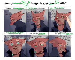  8-bitpunch absurd_res anthro canid canine chart clothed clothing collar dialogue disney ears_back english_text fangs fox fur green_eyes head_tuft hi_res inner_ear_fluff looking_at_viewer male mammal meme nick_wilde open_mouth orange_body orange_fur pivoted_ears question_mark red_fox shirt shock_collar solo teeth text topwear true_fox tuft waifu_chart zistopia zootopia 