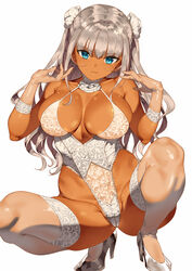  bare_shoulders blue_eyes blush breasts cleavage closed_mouth collarbone dark-skinned_female dark_skin female flower gloves grey_hair groin hair_flower hair_ornament hands_up high_heels kasshoku-chan_(saburou) large_breasts light_smile lingerie long_hair looking_at_viewer original saburou_(hgmg) shiny_footwear sidelocks simple_background solo spread_legs squatting teddy_(lingerie) thighhighs toned underwear white_background white_gloves white_thighhighs 