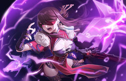  beidou_(genshin_impact) breasts brown_hair cleavage commentary earrings electricity eyepatch female fingerless_gloves genshin_impact gloves holding holding_sword holding_weapon huge_weapon jewelry kaijuicery long_hair medium_breasts open_mouth ring solo sword teeth thighhighs tongue weapon 