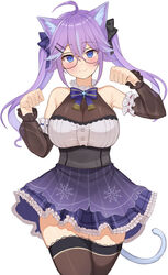  absurdres animal_ears bespectacled black_thighhighs blue_eyes blush breasts cat_ears cat_girl cat_tail choco_tanuki cleavage closed_mouth detached_sleeves fang_out female glasses hair_ornament hairclip highres large_breasts long_hair long_sleeves looking_at_viewer nijisanji nijisanji_kr nun_bora nun_bora_(3rd_costume) oerba_yun_fang official_alternate_costume purple_hair simple_background skin_fang smile solo tail thighhighs twintails virtual_youtuber white_background 