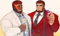  2boys bara beard dark-skinned_male dark_skin eyebrow_cut facial_hair flaming_eye formal hephaestus_(housamo) highres large_pectorals looking_at_viewer male_focus mature_male multiple_boys muscular muscular_male necktie official_alternate_costume pectorals red_eyes red_suit scar shiratori_yokikana short_hair suit talos_(housamo) thick_eyebrows tokyo_afterschool_summoners white_suit 