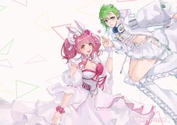  2girls absurdres aqua_eyes arm_cutout boots bow breasts brown_eyes choker cleavage cleavage_cutout clothing_cutout dress flower green_hair green_nails hair_behind_ear hair_ribbon hairbow headphones headphones_around_neck heart highres hood hood_down jacket kabu_(kaopako_) knee_boots looking_at_viewer macross macross_delta makina_nakajima medium_breasts medium_hair multiple_girls open_mouth pink_flower pink_nails pointy_ears reina_prowler revealing_clothes ribbon short_hair skirt smile twintails white_bow white_choker white_dress white_footwear white_jacket white_ribbon white_skirt wrist_flower 