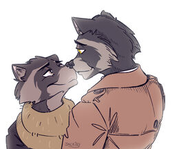  2021 absurd_res anthro clothing coat duo fur grey_body grey_fur hi_res howard_lotor jackiry kissing larry_(tails_noir) male male/male mammal nose_kiss procyonid raccoon simple_background tails_noir topwear trenchcoat white_background yellow_eyes 