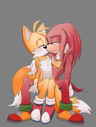  anthro anthro_on_anthro canid canine closed_eyes clothing duo echidna femboy footwear fox hi_res jenkristo kissing knuckles_the_echidna male male/male mammal monotreme sega shoes sitting sitting_between_legs sonic_the_hedgehog_(series) tails 