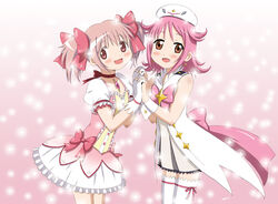  2girls :d beret blush bow brooch choker coat commentary_request crossover dress duplicate frills gloves hair_ribbon happy hat highres holding_hands houkago_no_pleiades interlocked_fingers jewelry kaname_madoka kaname_madoka_(magical_girl) look-alike magical_girl mahou_shoujo_madoka_magica mahou_shoujo_madoka_magica_(anime) multiple_girls open_mouth pink_bow pink_eyes pink_hair pixel-perfect_duplicate puffy_sleeves ribbon short_hair short_twintails smile sparkle subaru_(houkago_no_pleiades) thighhighs twintails vzmk2 white_gloves white_thighhighs wrist_cuffs 