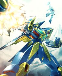  blue_eyes clenched_hand commentary explosion green_eyes grungust_ichishiki highres huckebein ishiyumi looking_up mecha no_humans robot rocket_punch science_fiction solo_focus super_robot_wars super_robot_wars_original_generation v-fin 