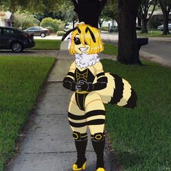  anthro arthropod bee bianca_(lui-ra) blonde_hair car clothing female footwear grass hair high_heels hymenopteran insects lui-ra meme pavement plant solo tree vehicle you_know_i_had_to_do_it_to_em 