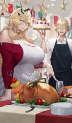  1boy apron bare_shoulders barghest_(fate) barghest_(like_a_lady)_(fate) black_apron blonde_hair breasts cake cleavage closed_eyes collarbone collared_shirt cup dress_shirt drinking_glass fate/extra fate/grand_order fate_(series) female food gawain_(fate) gawain_(like_a_lady)_(fate) green_eyes horns huge_breasts jewelry long_hair long_sleeves neck_ring off-shoulder_sweater off_shoulder official_art open_mouth red_sweater shirt short_hair smile sweater turkey_(food) white_apron white_shirt yoshio_(55level) 