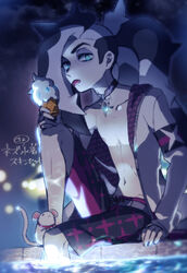  1boy adapted_costume black_hair casteliacone cloud collarbone commentary_request eating eyeshadow food from_below green_eyes highres holding ice_cream jacket kagio_(muinyakurumi) knees leg_up long_hair looking_at_viewer makeup male_focus mouse_(animal) multicolored_hair navel night outdoors piers_(pokemon) pokemon pokemon_swsh sitting sky solo star_(sky) tongue tongue_out two-tone_hair water white_hair white_jacket 