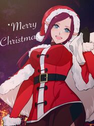  absurdres alternate_costume belt black_belt black_gloves blue_eyes blush breasts brown_skirt capelet female fur-trimmed_capelet fur-trimmed_headwear fur_trim gloves head_tilt highres jacket kabu_(kaopako_) looking_at_viewer macross macross_delta medium_breasts merry_christmas mirage_farina_jenius purple_hair red_capelet red_headwear red_jacket santa_costume skirt smile solo 