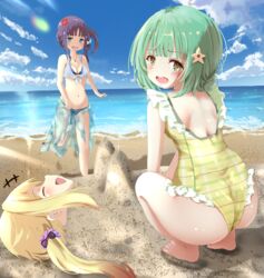  3girls :d beach blonde_hair blue_eyes blue_hair blunt_bangs blush breasts buried closed_eyes flower green_eyes green_hair hair_between_eyes hair_flower hair_ornament highres long_hair looking_at_viewer magia_record:_mahou_shoujo_madoka_magica_gaiden mahou_shoujo_madoka_magica medium_breasts mitsuki_felicia multiple_girls nanami_yachiyo nanami_yachiyo_(swimsuit_costume) natsume_kako natsume_kako_(swimsuit_costume) official_alternate_costume one-piece_swimsuit open_mouth outdoors pikuru plaid plaid_swimsuit sand sarong sidelocks smile swimsuit twintails 