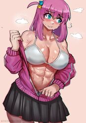  abs alt_text alternate_muscle_size bare_shoulders black_skirt blue_eyes blush bocchi_the_rock! breasts cleavage collarbone cowboy_shot cube_hair_ornament ezzydraws female flying_sweatdrops gotoh_hitori hair_between_eyes hair_ornament hand_up highres jacket large_breasts long_hair long_sleeves muscular muscular_female one_side_up pantyhose patreon_username pink_hair pink_jacket pleated_skirt shiny_skin sideways_glance skirt solo sweat track_jacket unzipping watermark web_address 