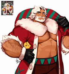  1boy arm_hair bara beard blue_eyes chest_hair cookie_run eggnog_cookie facial_hair fur_trim gomtang male_focus mature_male moustache muscular muscular_male open_clothes smile solo white_hair 