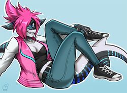  anthro belt biped blue_eyes bottomwear breasts clothing denim denim_bottomwear denim_clothing female fish footwear hair jacket jeans kittellox_(artist) looking_at_viewer mammal marine pants shark shoes simple_background smile solo teeth topwear 