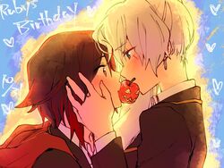  2girls birthday blue_eyes blush commentary food_in_mouth halloween jack-o&#039;-lantern kissing multiple_girls pumpkin red_hair ruby_rose rwby scar scar_across_eye scar_on_face school_uniform tsuta_no_ha weiss_schnee white_hair yuri 