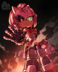  2022 4:5 absurd_res amy_rose anthro artist_logo artist_name bionic_eye bionics black_nose cybernetic_arm cybernetic_eye cybernetic_hair cybernetic_leg cybernetic_limb cybernetic_torso cybernetics cyborg eulipotyphlan female fire glowing glowing_eyes green_eyes hedgehog hi_res lilroundpumpkin logo machine mammal netflix pink_body red_body red_eyes rusty_rose sega smoke solo sonic_prime sonic_the_hedgehog_(series) watermark 