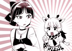  2girls accusations bow breasts choker commentary crossover dress gegege_no_kitarou hairbow kemono_friends looking_at_another monochrome multiple_girls nekomusume nekomusume_(gegege_no_kitarou_6) open_mouth pointing pointing_at_another pointy_ears print_scarf reticulated_giraffe_(kemono_friends) scarf short_hair sweatdrop ueyama_michirou 