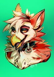  2019 accipitrid accipitriform avian beak bearded_vulture bird bust_portrait collar digital_media_(artwork) fur gryphon hair hi_res inner_ear_fluff mythological_avian mythological_creature mythology old_world_vulture open_mouth piercing portrait simple_background solo tongue tuft twistedteeth vulture 