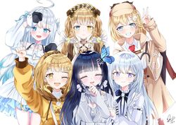  5girls :d ^_^ absurdres ahoge amatsuka_uto angel_wings aoi_nabi apron bag black_footwear black_hair blonde_hair blue_eyes blue_hair blunt_bangs blush bow bow_earrings braid brown_hair bug butterfly butterfly_hair_ornament capelet cleavage_cutout closed_eyes clothing_cutout colored_tips commentary creator_connection detached_sleeves detective doll_joints dress earrings english_commentary family frilled_legwear frills full_body grey_jacket grey_skirt grey_sweater grin hair_ornament hairband hairclip halter_dress halterneck hat heterochromia hexagram_hair_ornament highres himukai_kogane holding_hands hololive hololive_english hood hoodie indie_virtual_youtuber jacket jewelry joints lolita_fashion lolita_hairband long_hair long_sleeves looking_at_viewer maesond multicolored_hair multiple_girls necktie off-shoulder_dress off_shoulder open_hands open_mouth plaid plaid_apron plaid_skirt ponytail red_necktie ribbon sandwiched shiratori_rena shirt short_necktie shorts silver_dress simple_background skirt smile straight-on striped sweater tomo_(maesond) trait_connection twin_braids twintails upper_body v virtual_youtuber voice-ore watson_amelia watson_amelia_(1st_costume) white_background white_hair white_shirt wing_hair_ornament wings yellow_eyes zikryzero 