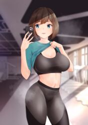  alternate_costume anchor_symbol black_pants black_sports_bra blue_eyes bob_cut breasts brown_hair cellphone clothes_lift female green_shirt gym hair_ornament highres holding holding_phone indoors kantai_collection large_breasts lifting_own_clothes maya_(kancolle) navel pants phone shirt shirt_lift short_hair short_sleeves smartphone solo sports_bra standing t-shirt tadokoro_nurikabe x_hair_ornament yoga_pants 