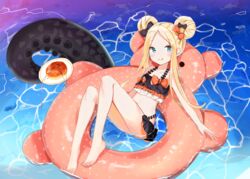  abigail_williams_(emerald_float)_(fate) abigail_williams_(fate) absurdres bare_arms bare_legs bare_shoulders barefoot bikini black_bikini black_bow blonde_hair blush bow closed_mouth collarbone commentary double_bun fate/grand_order fate_(series) female food hair_bun hairbow highres innertube knees_up long_hair navel official_alternate_costume orange_bow pancake parted_bangs plate sidelocks smile solo suction_cups swim_ring swimsuit tentacle very_long_hair water yukaa 