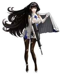  :d assault_rifle black_hair blunt_bangs breasts brown_pantyhose bullpup cape chronodash cleavage dress female fingerless_gloves full_body girls&#039;_frontline gloves gun headband high_heels highres hime_cut holding holding_gun holding_weapon large_breasts long_hair looking_at_viewer military military_uniform open_mouth pantyhose qbz-95 rifle simple_background smile solo torn_clothes torn_pantyhose trigger_discipline type_95_(girls&#039;_frontline) uniform very_long_hair weapon white_background white_cape white_dress white_footwear white_gloves yellow_eyes 