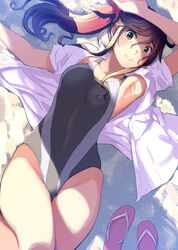  black_one-piece_swimsuit breasts brown_hair competition_swimsuit cowboy_shot dress_shirt female green_eyes hattori_mitsuru highres kinme_wakana kirei_ni_shitemoraemasuka long_hair looking_at_viewer lying one-piece_swimsuit open_clothes open_shirt sandals shirt small_breasts solo swimsuit unworn_sandals white_shirt 