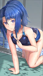  absurdres alice_gear_aegis ass blue_hair commentary competition_swimsuit eyes_visible_through_hair female food highres legs looking_at_viewer one-piece_swimsuit origami_yakko ponytail pool poolside purple_eyes sidelocks solo swimsuit takanashi_rei thighs wet wet_clothes wet_swimsuit 