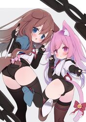  2girls :&lt; animal_ears arashiya ass azur_lane bell black_gloves black_leotard black_shorts black_thighhighs blue_eyes blush boots brown_hair candy_hair_ornament cat_ears cat_girl cat_tail commission commissioner_upload cosplay crescent crescent_hair_ornament dog_ears dog_girl dog_tail elin elin_(cosplay) female_child fingerless_gloves food-themed_hair_ornament from_behind fumizuki_(azur_lane) gloves hair_ornament hairclip high_heel_boots high_heels highres jingle_bell kisaragi_(azur_lane) kneepits knife leg_up legs leotard leotard_under_clothes lolicon long_hair looking_at_viewer looking_back multiple_girls ninja_(tera_online) no_pants open_mouth outstretched_arm pink_eyes pink_hair ribbon shirt short_shorts shorts skeb_commission standing standing_on_one_leg tail tail_ornament tail_ribbon tera_online thighhighs thighs very_long_hair weapon white_shirt 