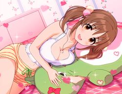  :d blush breasts brown_hair crop_top dutch_angle female floral_print heart heart_necklace heart_print highres hugging_object idolmaster idolmaster_cinderella_girls indoors jewelry large_breasts looking_at_viewer lying midriff natsuya_(natuya777) navel necklace oerba_yun_fang on_side pina_korata plunging_neckline rose_print shorts skin_fang smile solo stomach striped_clothes striped_shorts stuffed_toy tank_top totoki_airi twintails white_tank_top 