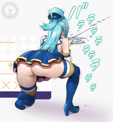  aqua_(konosuba) ass blue_hair blue_skirt blue_thighhighs boots commentary_request facing_away female firing folding_fan from_behind full_body goddess_of_victory:_nikke hair_ornament hair_rings hand_fan holding holding_fan kono_subarashii_sekai_ni_shukufuku_wo! long_hair meme miniskirt nikke&#039;s_shooting_pose_(meme) no_panties on_one_knee onomeshin paid_reward_available parody signature skirt solo sound_effects thigh_boots thighhighs thighs water 