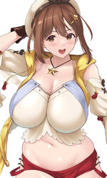  absurdres atelier_(series) atelier_ryza atelier_ryza_1 bare_shoulders beret black_ribbon blush breasts brown_eyes brown_gloves brown_hair camisole cleavage collarbone detached_sleeves female gloves hair_ornament hairclip hat highres huge_breasts jewelry kemigawa_mondo looking_at_viewer navel necklace open_clothes open_mouth open_vest red_shorts reisalin_stout ribbon short_hair short_shorts shorts single_glove smile solo star_(symbol) star_necklace thighs vest white_camisole white_hat yellow_vest 