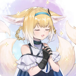  :d animal_ears arknights bare_shoulders black_gloves blonde_hair blue_hairband blush braid braided_hair_rings closed_eyes commentary_request female fox_ears fox_tail gloves hairband hands_up highres infection_monitor_(arknights) interlocked_fingers jiliang_jiying_yumao multiple_tails oerba_yun_fang open_mouth own_hands_together short_hair short_sleeves single_glove smile solo sparkle suzuran_(arknights) tail upper_body 