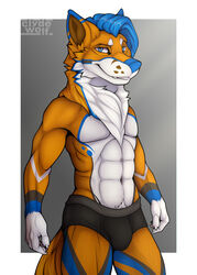  2020 anthro blue_body blue_eyes blue_fur blue_hair blue_nose bottomwear bulge canid canine canis clothed clothing clyde_wolf countershading digital_media_(artwork) fox fur hair hi_res looking_at_viewer male mammal muscular muscular_anthro muscular_male orange_body orange_fur pants simple_background smile solo standing teeth topless topless_male underwear white_body white_fur 