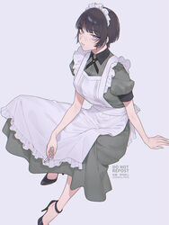  apron arm_support black_hair cigarette commentary_request female freckles highres looking_at_viewer maid maid_headdress mary_janes mizuki_mau original parted_lips purple_background purple_eyes shoes short_hair simple_background sitting solo 