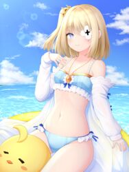  absurdres azur_lane bikini blonde_hair blue_bikini blue_eyes blue_sky breasts cloud coat crown_hair_ornament day female frilled_bikini frills highres le_terrible_(azur_lane) le_terrible_(sunlight_seaspray_and_sanctity)_(azur_lane) long_sleeves looking_at_viewer manjuu_(azur_lane) medium_hair ocean official_alternate_costume one_eye_covered open_clothes open_coat outdoors polka_dot polka_dot_bikini sitting sky small_breasts solo swimsuit vldjm13 water white_coat 