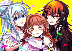  3girls aosa_(michikusakan) bandaged_arm bandages black_hair blue_eyes blue_hair brown_eyes brown_hair chains collarbone confetti dual_persona ebisuno_nao friends hair_between_eyes hand_on_another&#039;s_shoulder holding_hands kamio_yui kamio_yui_(white) kamio_yui_wa_kami_wo_yui light_blue_hair long_bangs long_hair multiple_girls sailor_collar school_uniform smile tied_hair twintails very_long_hair yellow_background 