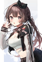  :o bad_id bad_pixiv_id benikaba_sakura black_hairband black_jacket black_nails black_ribbon black_skirt blush breasts brown_hair cleavage collarbone commentary_request crop_top cropped_jacket female grey_eyes hair_ribbon hairband hand_up jacket long_hair long_sleeves looking_at_viewer low_twintails medium_breasts midriff nail_polish navel open_clothes open_jacket open_mouth puffy_long_sleeves puffy_sleeves ribbon skirt solo taya_oco twintails v very_long_hair virtual_youtuber voice-ore 