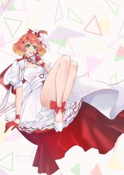  absurdres blonde_hair bow breasts cleavage colored_tips commentary dress female floating freyja_wion gloves green_eyes hair_ornament hairbow heart heart_hair_ornament high_heels highres kabu_(kaopako_) macross macross_delta multicolored_hair orange_hair pointing red_bow red_gloves shrug_(clothing) small_breasts smile solo symbol-only_commentary white_bow white_dress white_footwear 