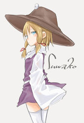  absurdres blonde_hair blue_eyes blush brown_hat character_name closed_mouth female from_behind grey_background hair_between_eyes hair_ornament hat highres long_sleeves looking_at_viewer moriya_suwako purple_skirt purple_vest shiki_karin shirt short_hair simple_background skirt solo standing thighhighs touhou vest white_shirt white_thighhighs wide_sleeves 