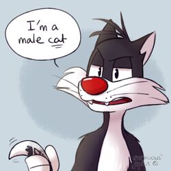  1:1 anthro black_body black_fur blue_background cheek_tuft dialogue domestic_cat english_text facial_tuft felid feline felis fur looney_tunes low_res male mammal multicolored_body multicolored_fur open_mouth red_nose simple_background solo some_like_it_hot speech_bubble suspicious_spirit sylvester_(looney_tunes) text tuft two_tone_body two_tone_fur warner_brothers watermark whiskers white_body white_fur 